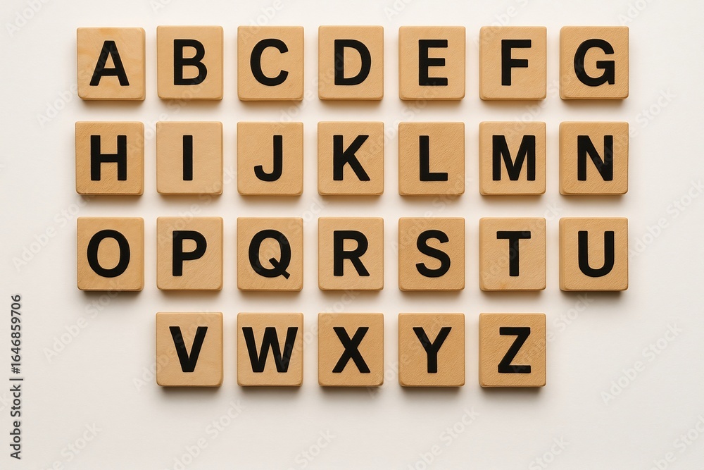 Alphabet tiles arranged on a white background, perfect for educational content isolated on white background Alphabet tiles arranged on a white background, perfect for educational content isolated on white background