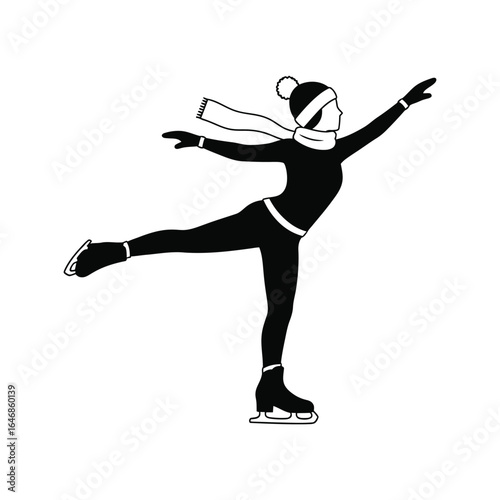 Silhouette of a figure skater performing on ice, isolated on white background, capturing the beauty and athleticism of winter sports