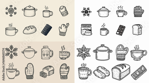 Cozy winter kitchen doodle icons including mugs, bread, pots, mittens, and snowflakes, hand-drawn style in black and beige color variations.