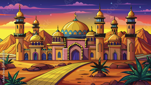 Cartoon illustration of an Arabic mosque surrounded by sand dunes in a desert landscape.