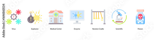 Virus, Risk and Toxicology web banner icon vector illustration featuring Virus, Explosive, Medical Center, Enzyme, Newton Cradle, Scientific, and Poison.