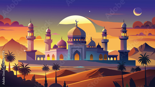 Cartoon illustration of an Arabic mosque surrounded by sand dunes in a desert landscape.