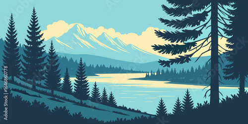 Sunlit Lake in Pine Forest with Mountain Peaks