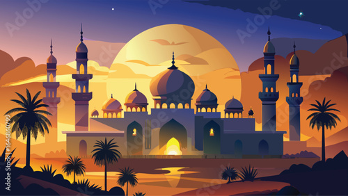 Cartoon illustration of an Arabic mosque surrounded by sand dunes in a desert landscape.