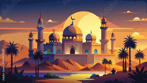 Brighton's mosque with a stunning minaret and a prominent dome stands against the vibrant sunset sky