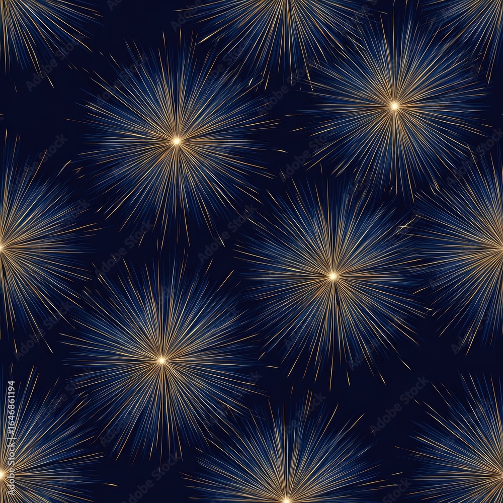 Fototapeta premium Repeating, shimmering fireworks pattern on a deep navy background