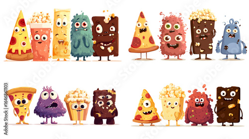 Cute cartoon illustration of pizza, popcorn, and chocolate characters with funny monster faces, isolated on white background for kids and food design.