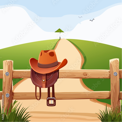 Traditional cowboy hat and saddle on fence with dusty rural backdrop