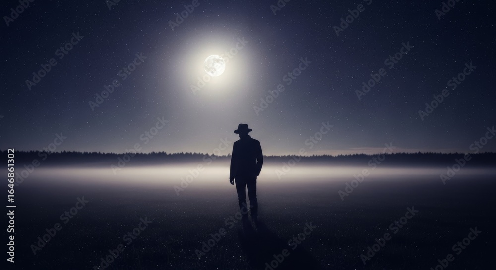 Silhouette of man under moonlight in foggy field Silhouette of man under moonlight in foggy field