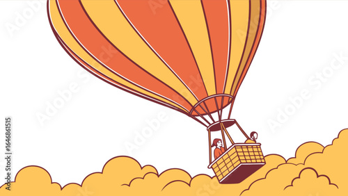 Hot air balloon adventure illustration with passengers in flight over clouds vector graphic design
