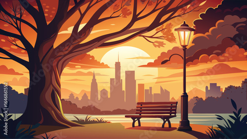An illustrated scene featuring a bench under a tree, with a distant city skyline providing the backdrop.
