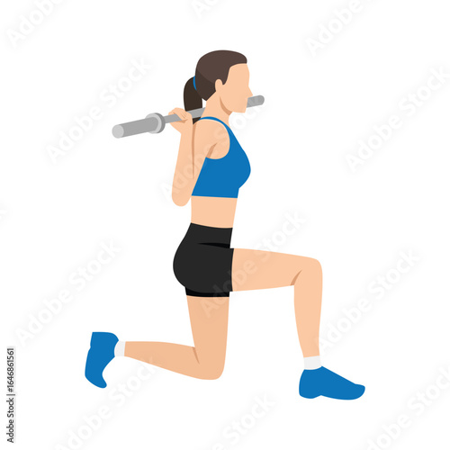 Woman performing a barbell lunge, focusing on strength training for the legs, glutes, and core. Flat vector illustration isolated on white background