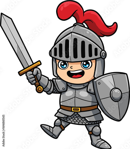 Cute cartoon knight with sword and shield, medieval warrior character, armored soldier illustration, brave fighter, fantasy knight hero, children’s storybook, armor, helmet, battle ready