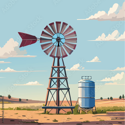 Rustic windmill and tank in dry paddock with wide rural backdrop