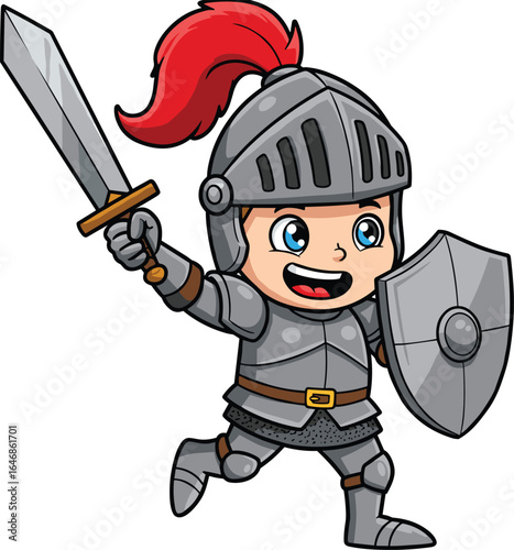 Cute cartoon knight with sword and shield, brave medieval warrior, armor-clad hero, fantasy character illustration, playful child knight, medieval battle gear, heroic cartoon figure