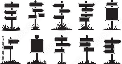 Directional Signage Icons - Black and White Street and Road Sign Illustrations