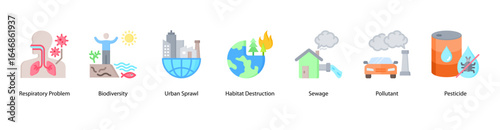 Respiratory Health Risk web banner icon vector illustration featuring Respiratory Problem, Biodiversity, Urban Sprawl, Habitat Destruction, Sewage, Pollutant, and Pesticide.