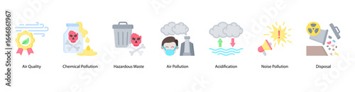 Chemical Pollution web banner icon vector illustration featuring Air Quality, Chemical Pollution, Hazardous Waste, Air Pollution, Acidification, Noise Pollution, and Disposal.