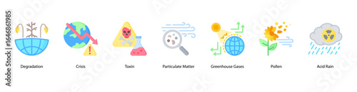 Toxic Environment web banner icon vector illustration featuring Degradation, Crisis, Toxin, Particulate Matter, Greenhouse Gases, Pollen, and Acid Rain.