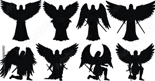 Black silhouette angels with large wings, holding swords, standing and kneeling, armored warriors, spiritual protectors, celestial figures, powerful angelic beings, divine guardians, fantasy art