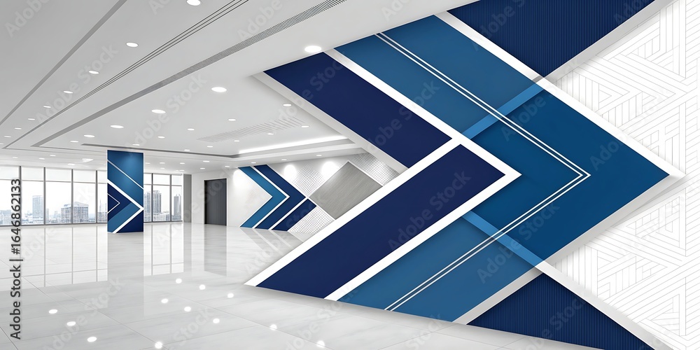 Obraz premium Modern corporate office interior design featuring bold geometric blue and white chevron patterns on walls and pillars creating an ambitious and forward thinking atmosphere