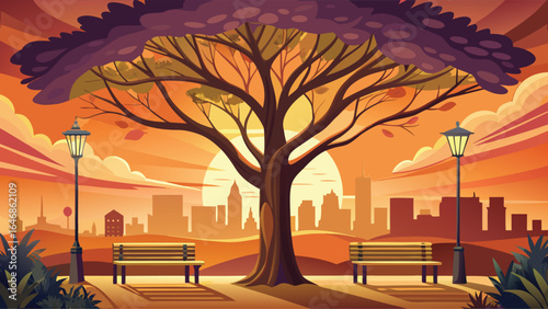  A bench sits under a tree, framed by a cityscape in the background, depicted in a colorful illustration.
