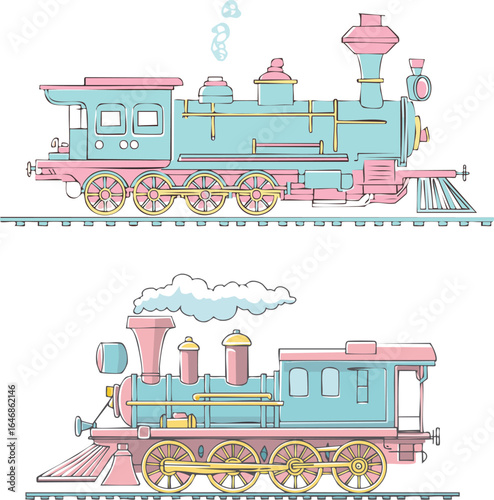 Vintage pastel steam train set, cute retro locomotive illustrations in pink and blue, whimsical vector art for children’s designs and transportation themes.
