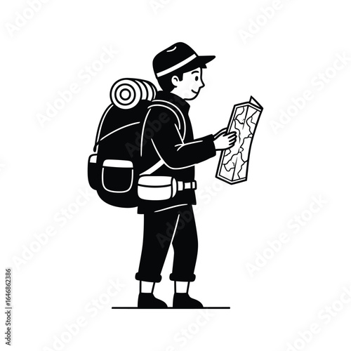 A hiker with a backpack is looking at a map, isolated on white background he is wearing a hat and carrying a backpack with gear