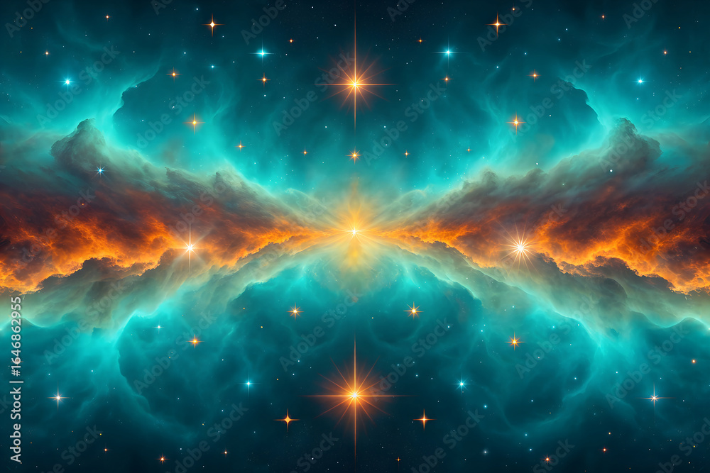 Fototapeta premium Vibrant turquoise and orange nebula with glowing stars in deep space galaxy cosmic