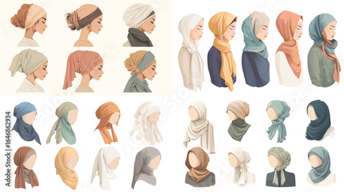 Elegant women wearing hijab and turban in side profile view, showcasing various colors and styles, ideal for fashion and cultural design concepts.