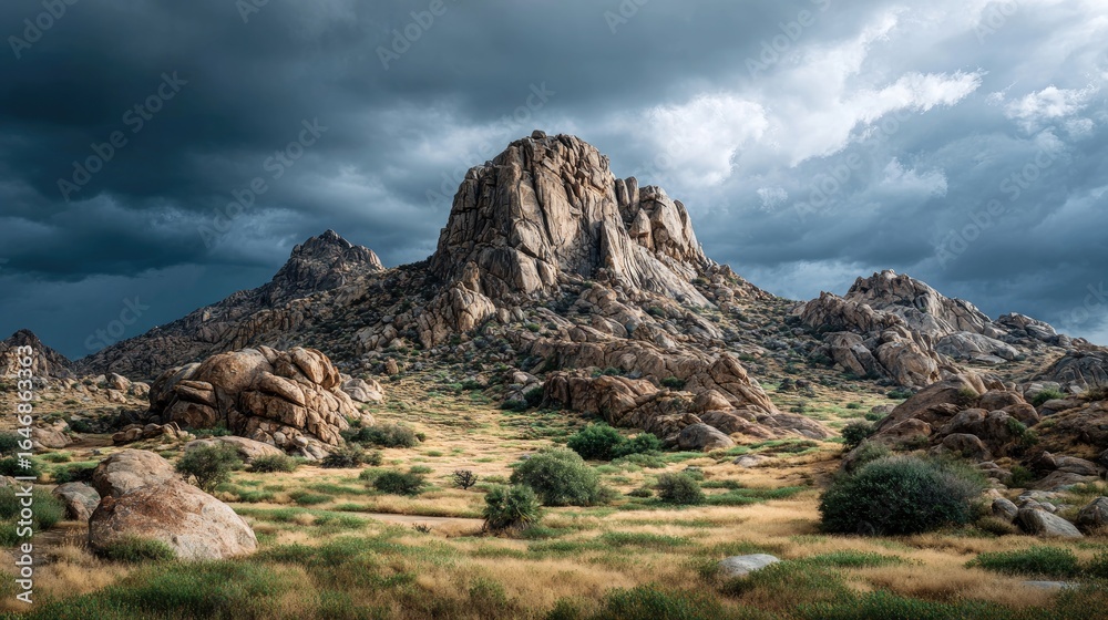 Fototapeta premium Rocky mountain with ominous storm clouds and dry landscape