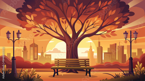 An illustration of a bench beneath a tree, with a city skyline visible in the background.
