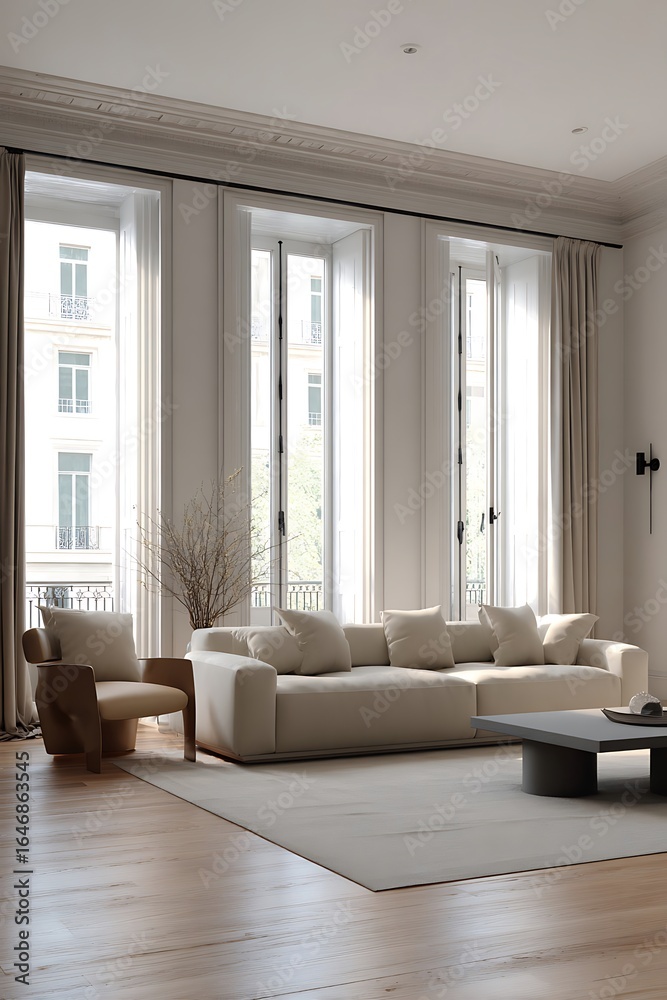 Fototapeta premium Elegant living room with large windows and neutral tones.