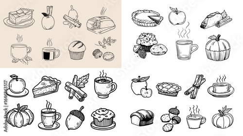 Hand-drawn autumn-themed food and drinks including pies, pumpkins, coffee, and spices, perfect for seasonal designs and café menus.