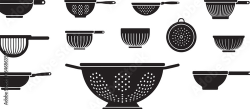 Colander and Strainer Icons - Black and White Kitchenware Illustrations