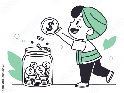 illustration of a man saving money in a jar with coins,Illustration of a Kid Boy Putting Money into a Glass Jar with Coins