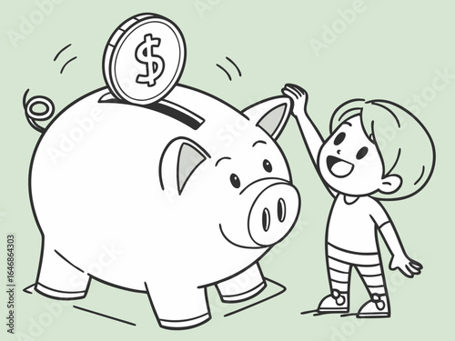 Illustration of a little boy saving money in a piggy bank,Illustration of a Girl Holding a Dollar Coin in a Piggy Bank