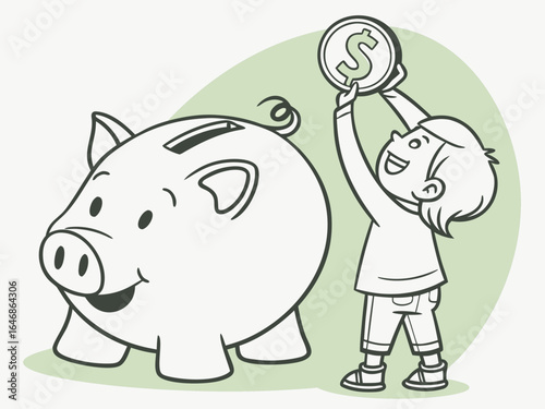 Illustration of a little boy saving money in a piggy bank,Illustration of a Girl Holding a Dollar Coin in a Piggy Bank