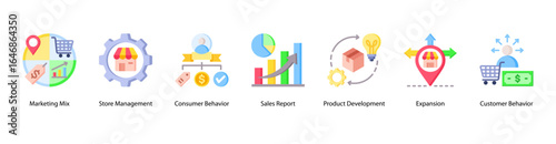 Retail and Product Strategy web banner icon vector illustration featuring Marketing Mix, Store Management, Consumer Behavior, Sales Report, Product Development, Expansion, and Customer Behavior.