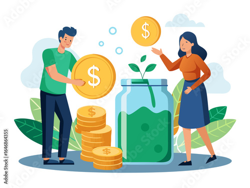 Man and woman investing money in a jar. Money savings concept. Flat vector illustration.