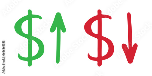 Hand drawn dollar currency symbol Growth and fall profit with arrow up and down Brush stroke doodle Element for design