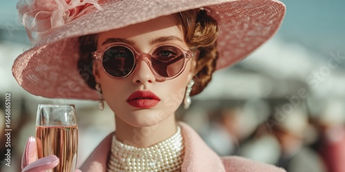 Elegant young caucasian woman in pink hat and sunglasses holding champagne
