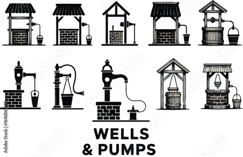 Wells and Pumps Collection - Black and White Water Pump Illustrations