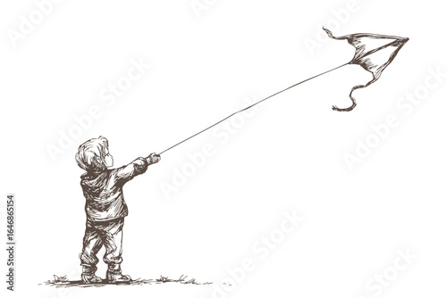 Boy Flying a Kite in Strong Wind Engraving Sketch Vector Illustration