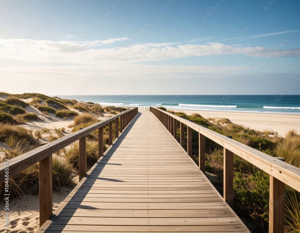 Fototapeta premium Wooden Path Leading To Beach With Ocean View