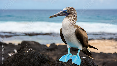 A striking bluefooted booby stands proudly on a dark volcanic rock, its vibrant blue feet a stark contrast against the rugged terrain and the gentle waves of the ocean in the background