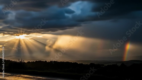Dramatic Sunset with Crepuscular Rays and Partial Rainbow
