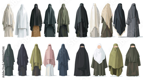 Elegant Muslim women wearing abaya, hijab, and niqab in various colors and styles, perfect for fashion, cultural, and modest clothing design concepts.