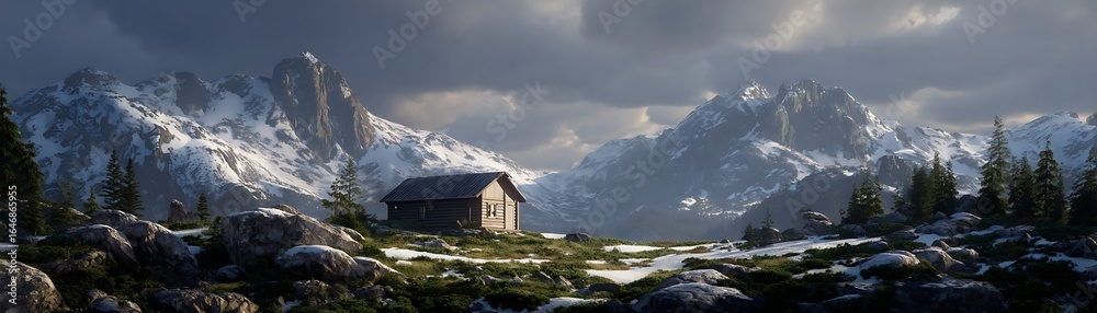 Fototapeta premium A secluded mountain hut nestled amongst snowy peaks.