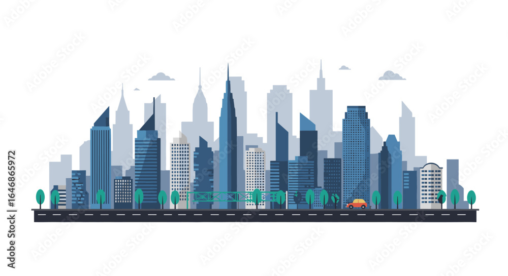 Fototapeta premium Modern flat style cityscape with skyscrapers and urban skyline silhouette